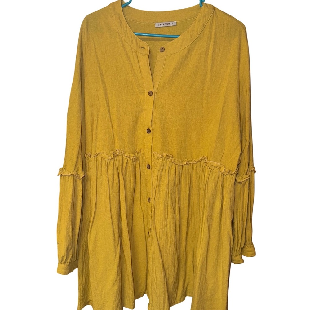 Cellabie Babydoll Tunic Top Long Sleeve Button Front Yellow Size Large